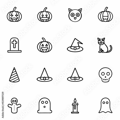 Halloween vector icons set with pumpkin, cat, ghost, skull, candle, tombstone for halloween party