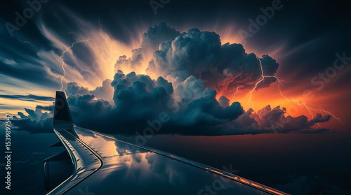 Air view of the wing of a flying airplane next to a thundercloud and lightning. Concept of the dangers of air travel and airplane travel