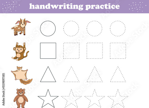 Handwriting Practice. Tracing lines of different shape for kids with animals. Vector Illustration