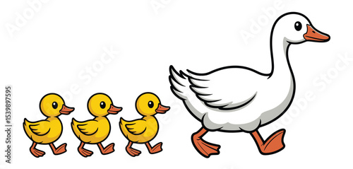 Mother goose and three ducklings walking