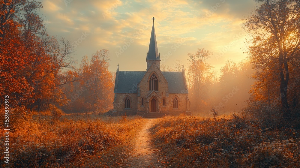 Obraz premium Enchanting autumn church in morning glow surrounded by vibrant fall foliage