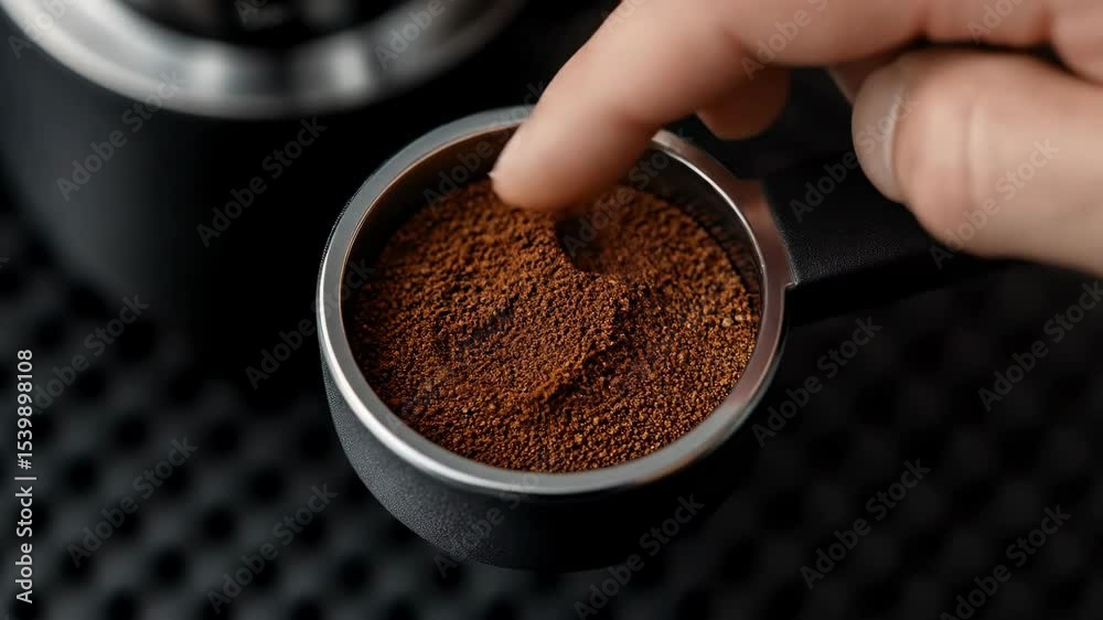 A finger tamps fresh ground coffee in a portafilter basket, preparing for brewing rich espresso. Coffee grounds before the espresso making.