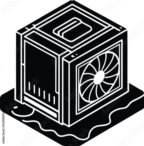 Isometric view of black and Silhouette white CPU cooler for computer system