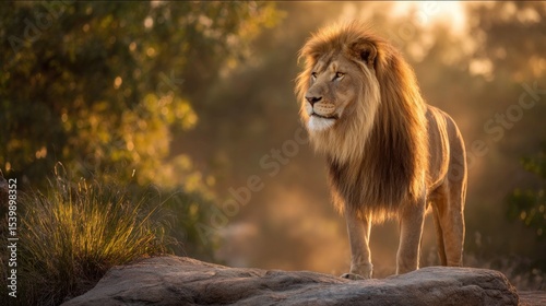 A majestic lion standing on a rock, golden hour lighting, cinematic wildlife photography, ultra realistic, 85mm lens, depth of field, National Geographic style.