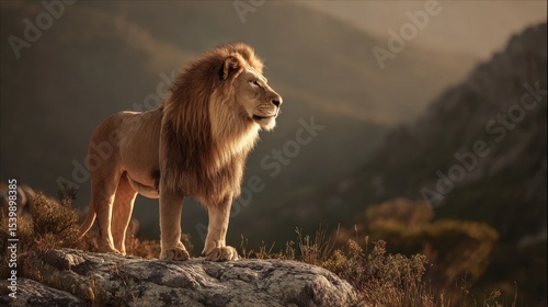 A majestic lion standing on a rock, golden hour lighting, cinematic wildlife photography, ultra realistic, 85mm lens, depth of field, National Geographic style.