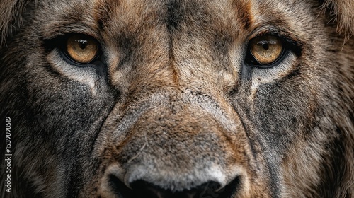 Close-up lion face, intense eyes, sharp fur details, high contrast lighting, professional wildlife photography.