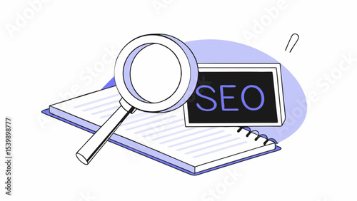 SEO search concept with magnifying glass and notebook, emphasizing digital marketing strategies