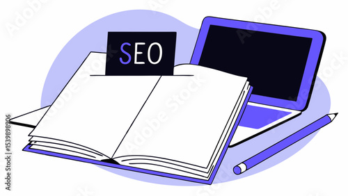 Open book with SEO label and laptop, symbolizing digital marketing education