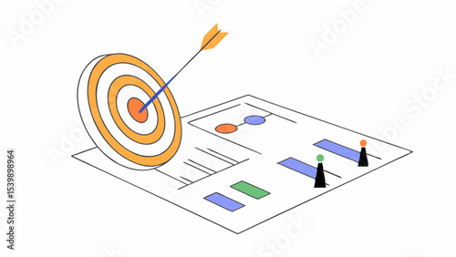 Target arrow hitting bullseye on report, symbolizing success and achievement in goals