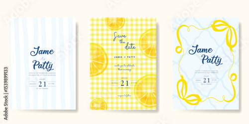 Italy summer party invitation card vector. Italian poster with lemon, ribbon frame. Design for wedding card, greeting card, cover, poster.