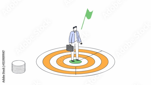 Achieving goals with determination, person stands on target holding briefcase and flag