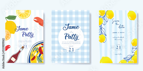 Italy summer party invitation card vector. Italian poster with lemon, pasta, crab, wine, leaves line art. Design for wedding card, greeting card, cover, poster.