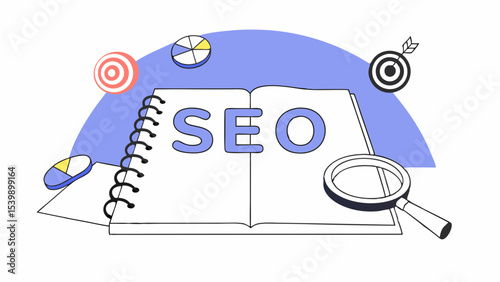 SEO guide with open notebook, magnifying glass, and colorful graphics, illustrating digital