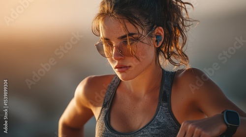 Sporty Woman runner in sportswear wearing glasses a sunset jog in a park