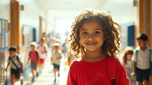 Little happy girl with curly hair in the school corridor resting during recess, between lessons with a backpack on 1 shoulder