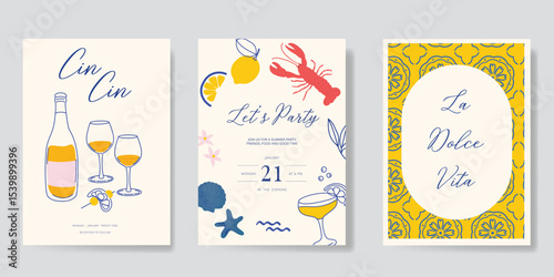 Italy summer party invitation card vector. Italian poster with lemon, leaves, lobster, wine, shell, starfish in line art. Design for wedding card, greeting card, cover, poster.