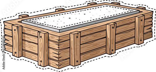 Cartoon wooden crate with a concrete slab inside, secured with metal rivets