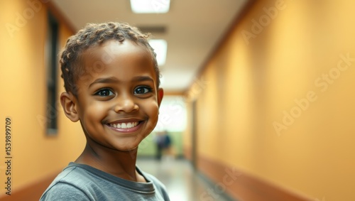 Little happy afro boy with short hair in empty school corridor