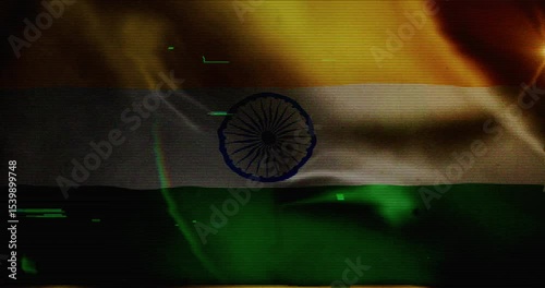 India flag waving with glitch noise. Indian blowing banner seamless and looped concept animation.