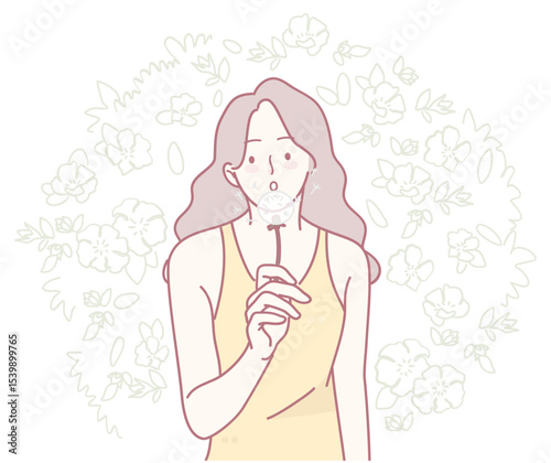 A serene illustration of a woman in a yellow tank top, lost in thought amid a vibrant floral background