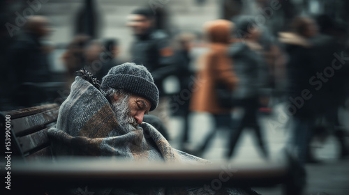 Homeless man sleeping on bench in busy city street