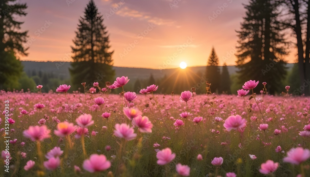 Fototapeta premium A breathtaking sunset over a field of vibrant pink cosmos flowers.