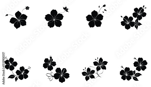 Hibiscus Flower Silhouette Vector – Tropical Floral Design in Black and White.