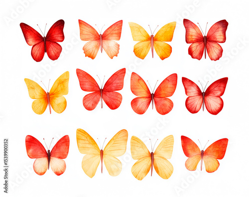 Watercolor ai-generared illustration of a Red Butterfly Collection. Isolated on a white background