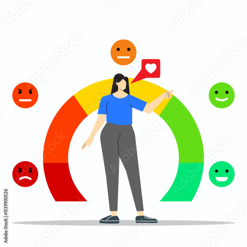 Customer satisfaction survey. A young woman choosing satisfaction rating on indicator from angry to happy. Concept of client feedback.