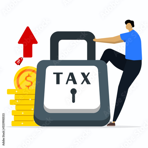 Businessman pulls padlock with tax of weight. Concept of heavy tax, debt, defaulter or payment.