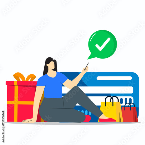 Online payment successful concept. Beautiful women paying giftbox and shopping bags as online with credit card. Online mobile payment and banking service. 