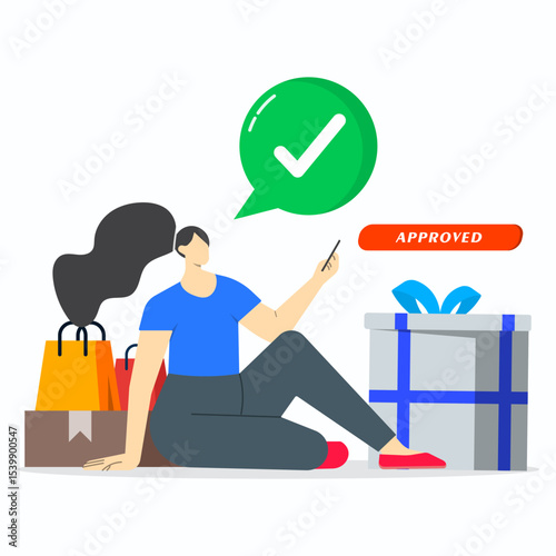 Online payment successful concept. Beautiful women approving to paying giftbox and shopping bags as online with successfully and safely. Online mobile payment and banking service. 