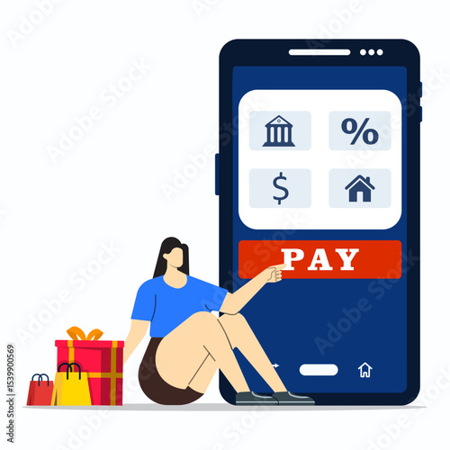 A young woman clicking pay buttons on smartphone screem to paying gittbox and shopping bags. Online payment concept.