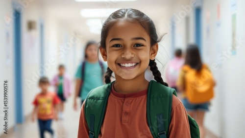 Elementary school girl with pigtails smiling during break between classes with green backpack on her shoulders