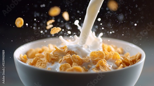 Pouring milk over golden cornflakes in a white bowl creates an inviting breakfast moment in a cozy kitchen