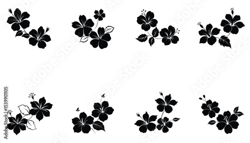 Hibiscus Flower Silhouette Vector – Tropical Floral Design in Black and White.

