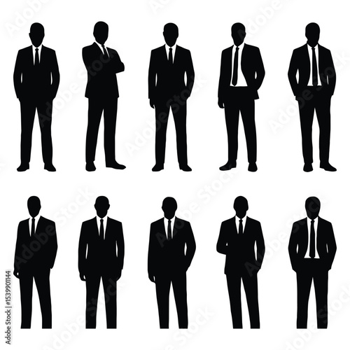 Ten businessmen silhouettes in suits isolated on white background