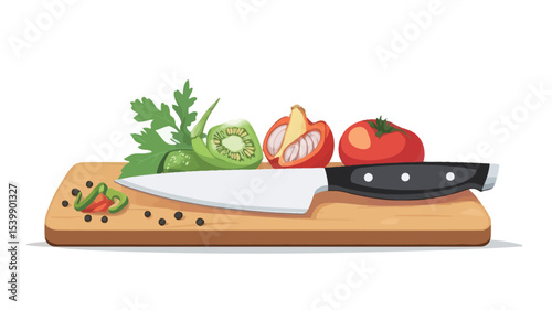 A digital illustration depicts a wooden cutting board with a chef's knife positioned diagonally across it.  On the board are several chopped vegetables: a tomato, half an onion, some Brussels