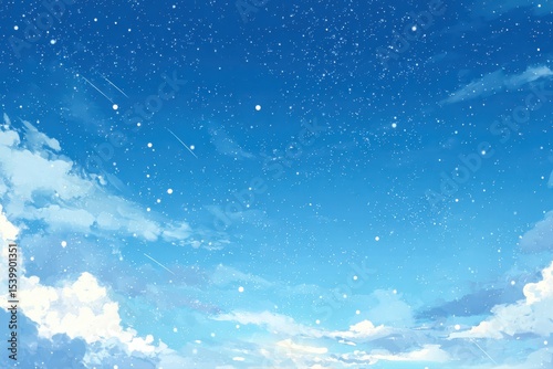 Anime-Style Blue Sky with Falling Stars and Snow/Sparkles.