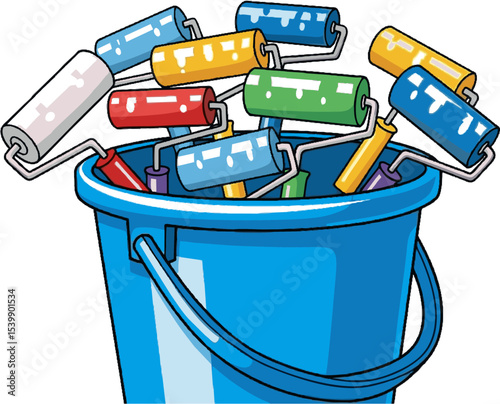 Colorful Paint Rollers in a Blue Bucket