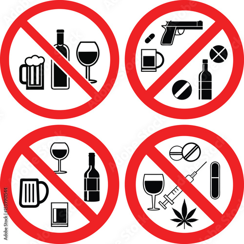 No Alcohol Drugs Weapon Signs Vector – Prohibited Substance, Gun, Syringe, Marijuana Icons for Safety, Warning, and Control Use