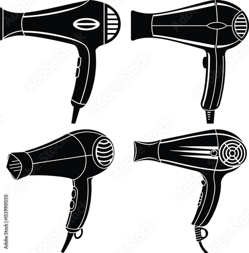Hair Dryer Vector Silhouette Set – Black Salon Blow Dryer Icons, Beauty Tool Clipart for Hair Styling, Fashion, and Barbershop Us