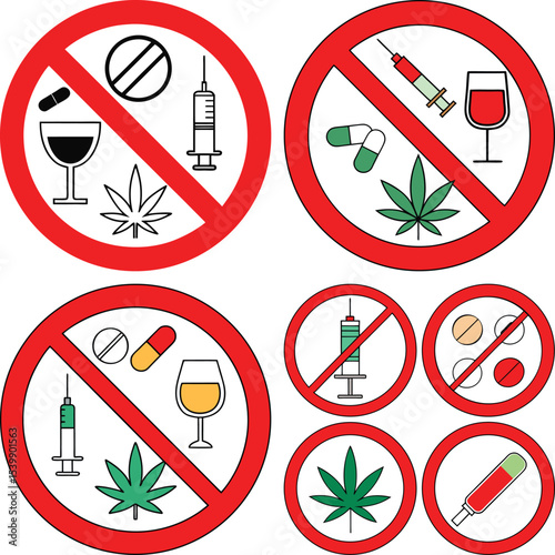 No Drugs and Alcohol Sign Vector Set – Prohibited Substance Icons, Stop Marijuana, Syringe, Pills, Wine, Addiction Warning Symbols