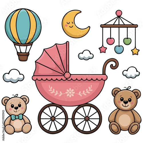Baby items including stroller teddy vector isolated white background