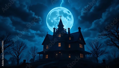 Haunted House Under Full Moon in Dark Night