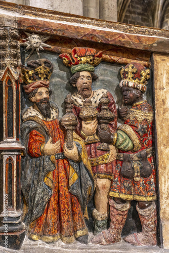 Santa Maria la Mayor’s basilica, Morella, Spain. Staircase relief : the Magi photo