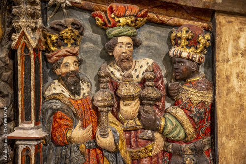 Santa Maria la Mayor’s basilica, Morella, Spain. Staircase relief : the Magi photo