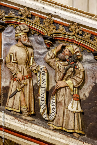Santa Maria la Mayor’s basilica, Morella, Spain. Staircase with biblical scenes by Antonio Sancho (1470) and Jusepe Beli. Depiction of Jesus Christ’s genealogy photo