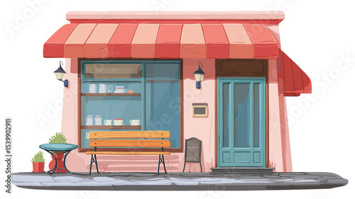 A digital illustration depicting a small, cute shop building. The building is primarily pink with a prominent red and white striped awning.  It features a teal door, two windows displaying items