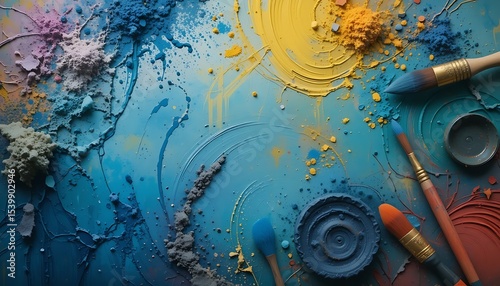 Wallpaper Mural Vibrant Abstract Art with Paintbrushes and Colorful Powder on Textured Blue Surface Torontodigital.ca